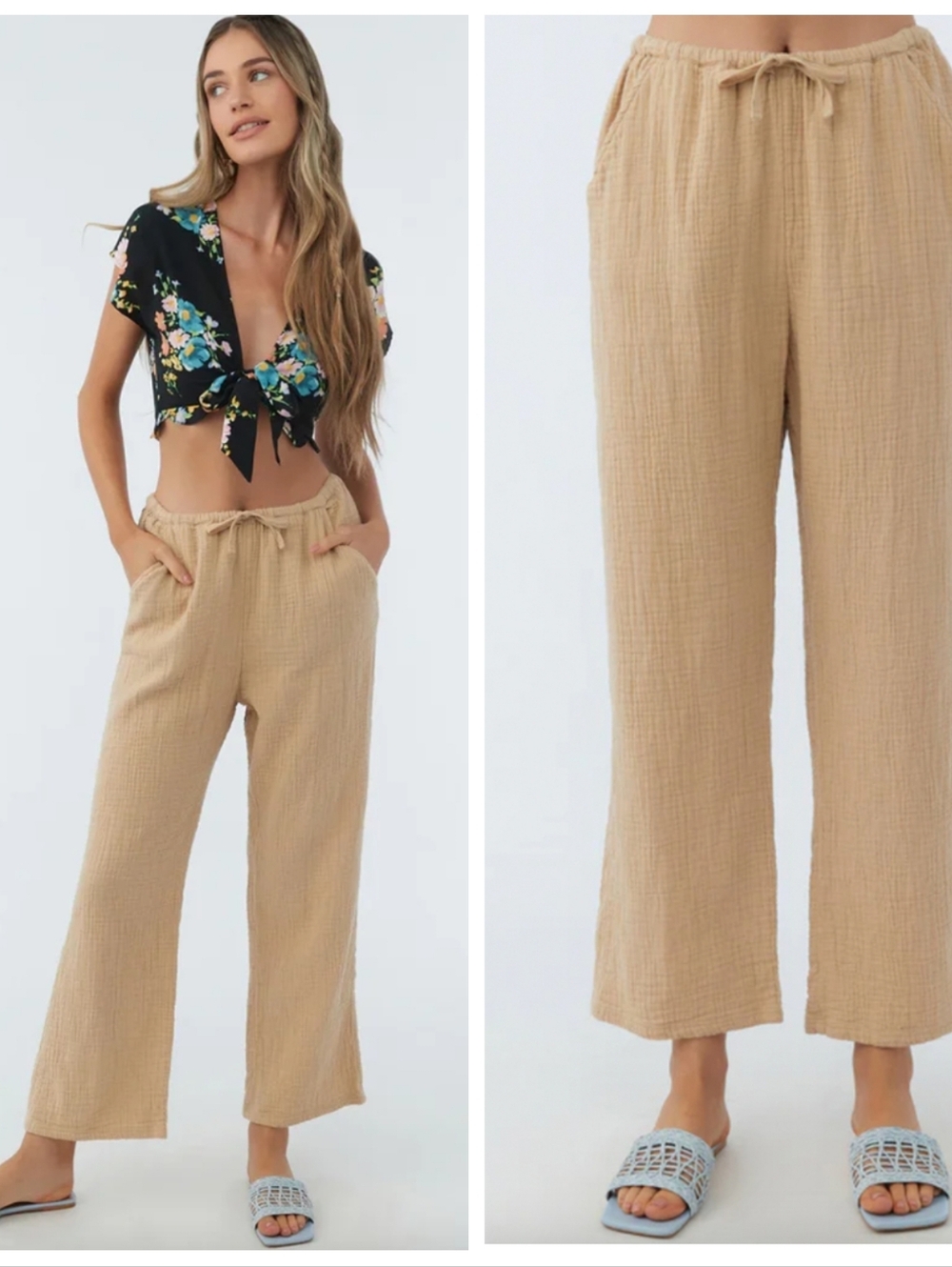 NWT O'Neill Brenda Gauze Beach Pants "Khaki" Women's Large Wide Leg Relaxed